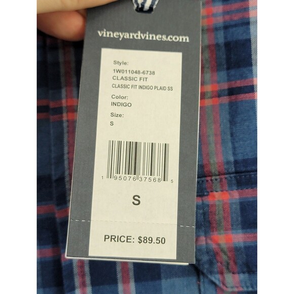 VINEYARD VINES Men's S Indigo‎ Plaid Stretch Cotton Short-Sleeve Dockman Shirt - Picture 4 of 8